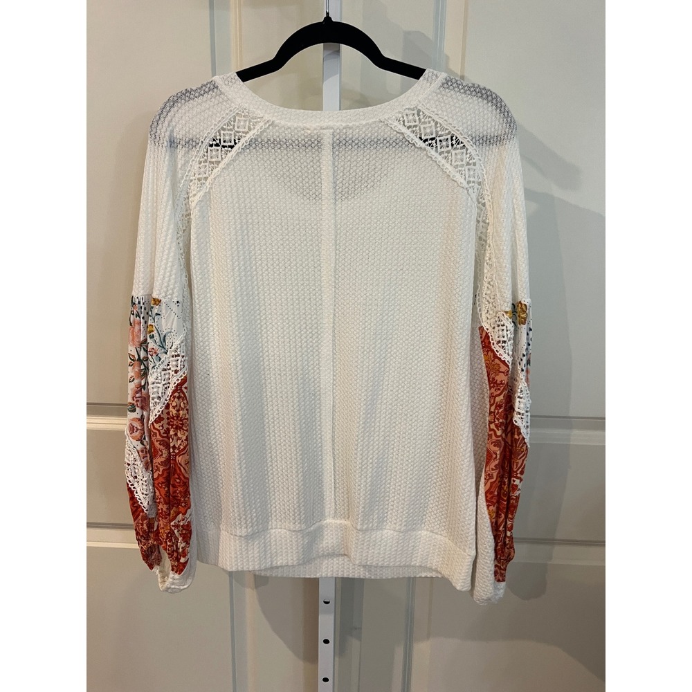 Entro Waffle Knit Boho Top White Floral Lace Balloon Sleeve Medium - Picture 3 of 9